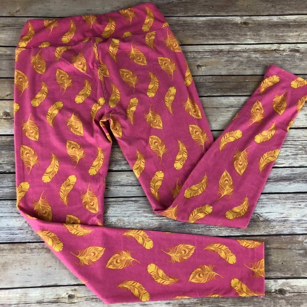 22 LuLaRoe Pink with Yellow Feather Leggings. Size OS - Picture 3 of 4